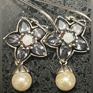 Suzanne Somers vintage iolite pearl floral dangle earrings sterling silver HSN
